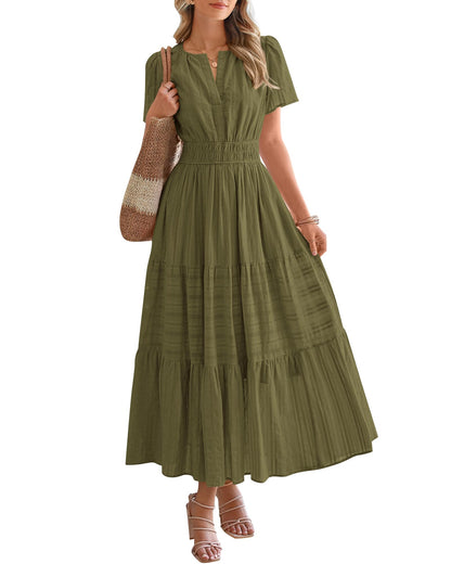 🤩🤩Women's Lightweight Short Sleeve V Neck Elastic Waist Dresses