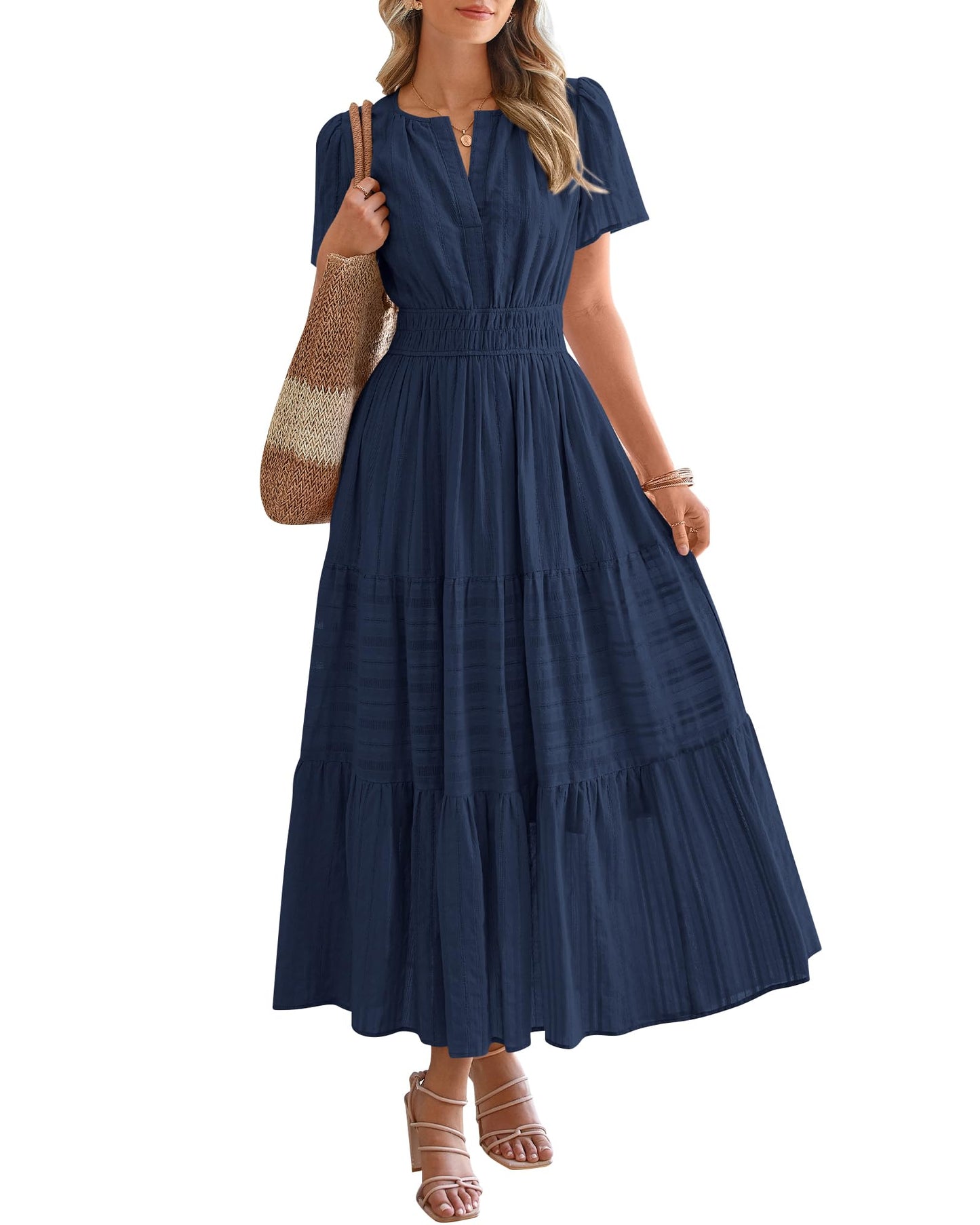🤩🤩Women's Lightweight Short Sleeve V Neck Elastic Waist Dresses