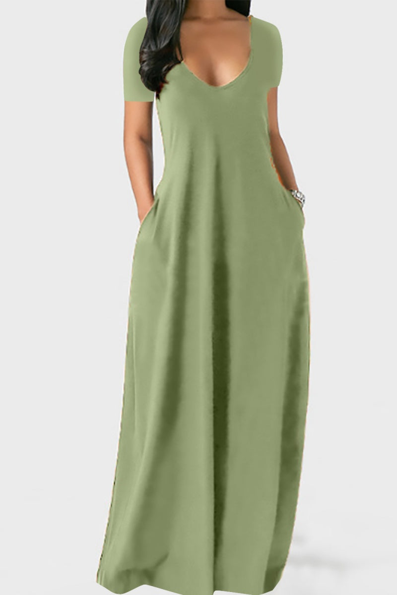 🤩🤩Women's Long Fitted Coffee Dress, Large Round Neck Short Sleeve Pocket Sleepwear