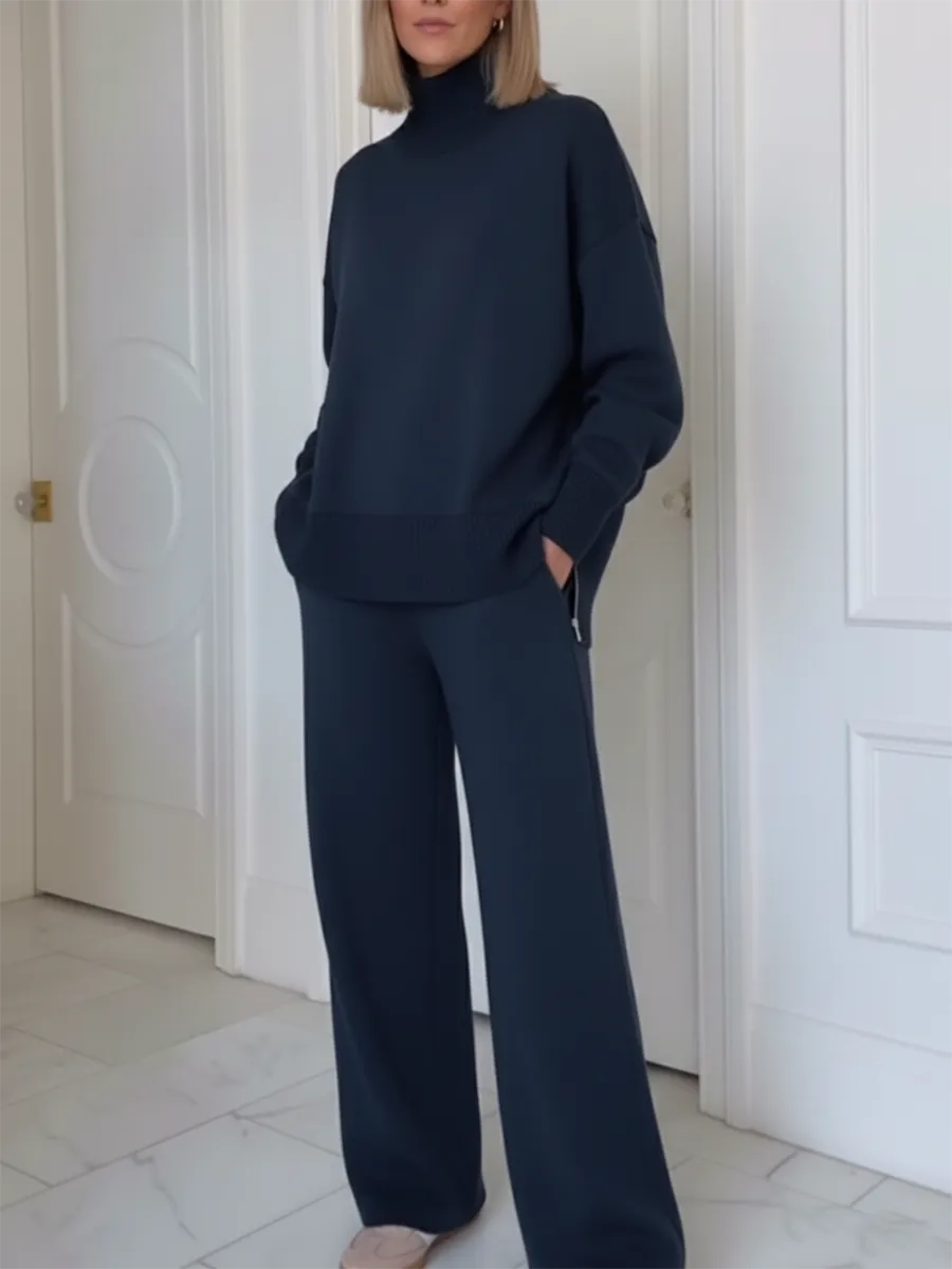 💝💝Casual Travel Stand Collar Side Zipper Top Straight Pants Two-Piece Set