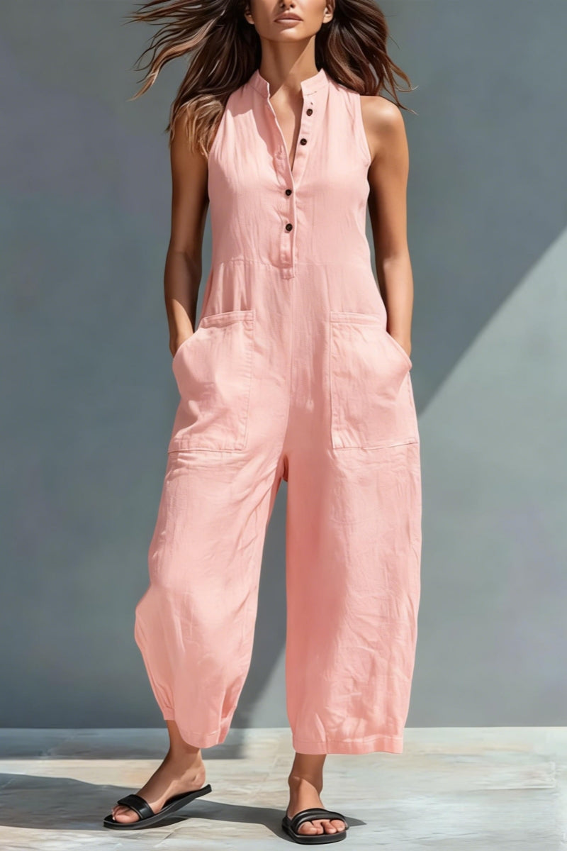 🤩🤩Women's Minimalist Linen Blend Button-up Stand-collar Sleeveless Loose Jumpsuit