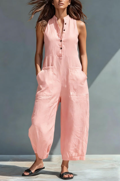 🤩🤩Women's Minimalist Linen Blend Button-up Stand-collar Sleeveless Loose Jumpsuit