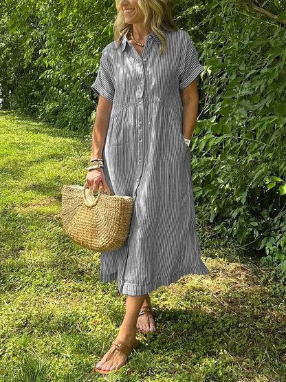 🤩🤩 Striped Lapel Button Down Shirt Dress | With Functional Pockets