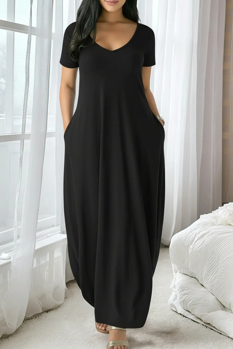 🤩🤩Women's Long Fitted Coffee Dress, Large Round Neck Short Sleeve Pocket Sleepwear