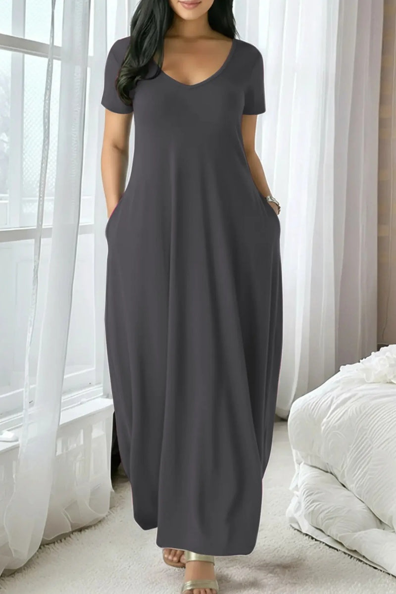 🤩🤩Women's Long Fitted Coffee Dress, Large Round Neck Short Sleeve Pocket Sleepwear