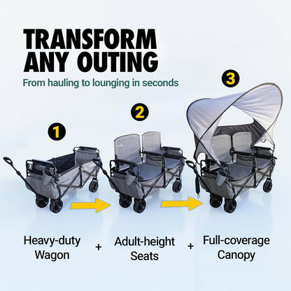 💥 Clearance Sale 💥 Folding Lawn Wagon 🚙✨ 2 Seats, UPF 50+ Canopy & All-Terrain Wheels 🌿
