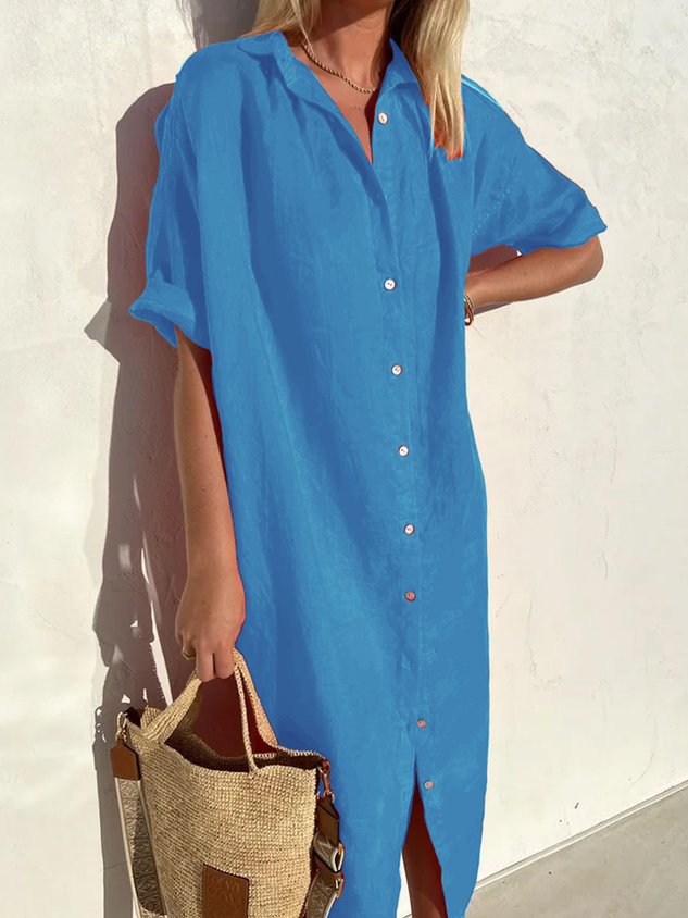 🤩🤩Women Elegant Casual Loose Half Sleeve Button Down Front Half Sleeve Cotton Linen Dress