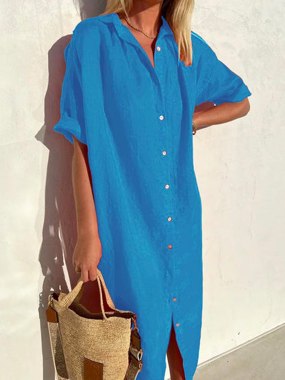 🤩🤩Women Elegant Casual Loose Half Sleeve Button Down Front Half Sleeve Cotton Linen Dress