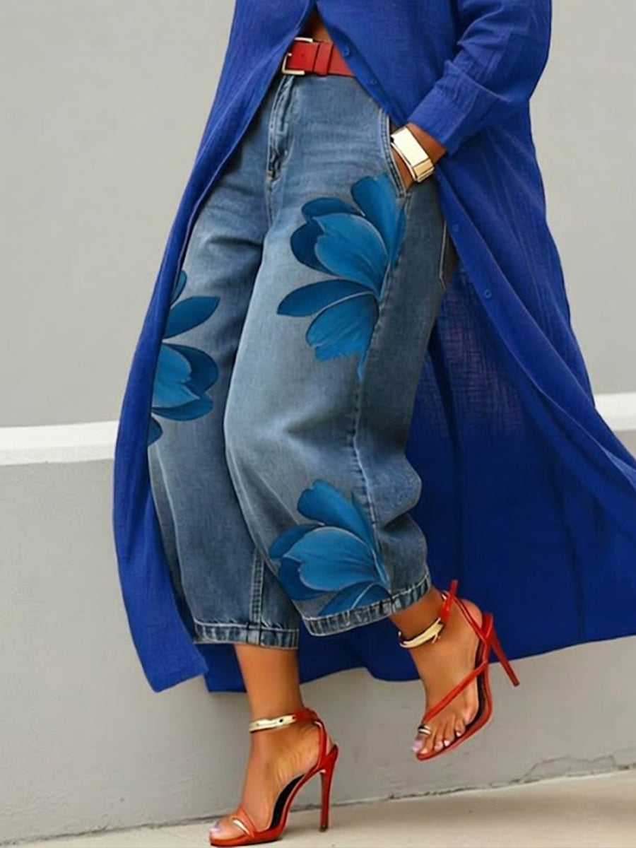 💝💝Women's Vintage Wash Red Floral Embroidered Denim Pants