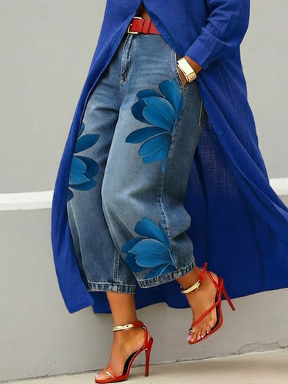 💝💝Women's Vintage Wash Red Floral Embroidered Denim Pants