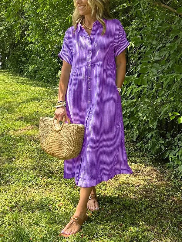 🤩🤩 Striped Lapel Button Down Shirt Dress | With Functional Pockets