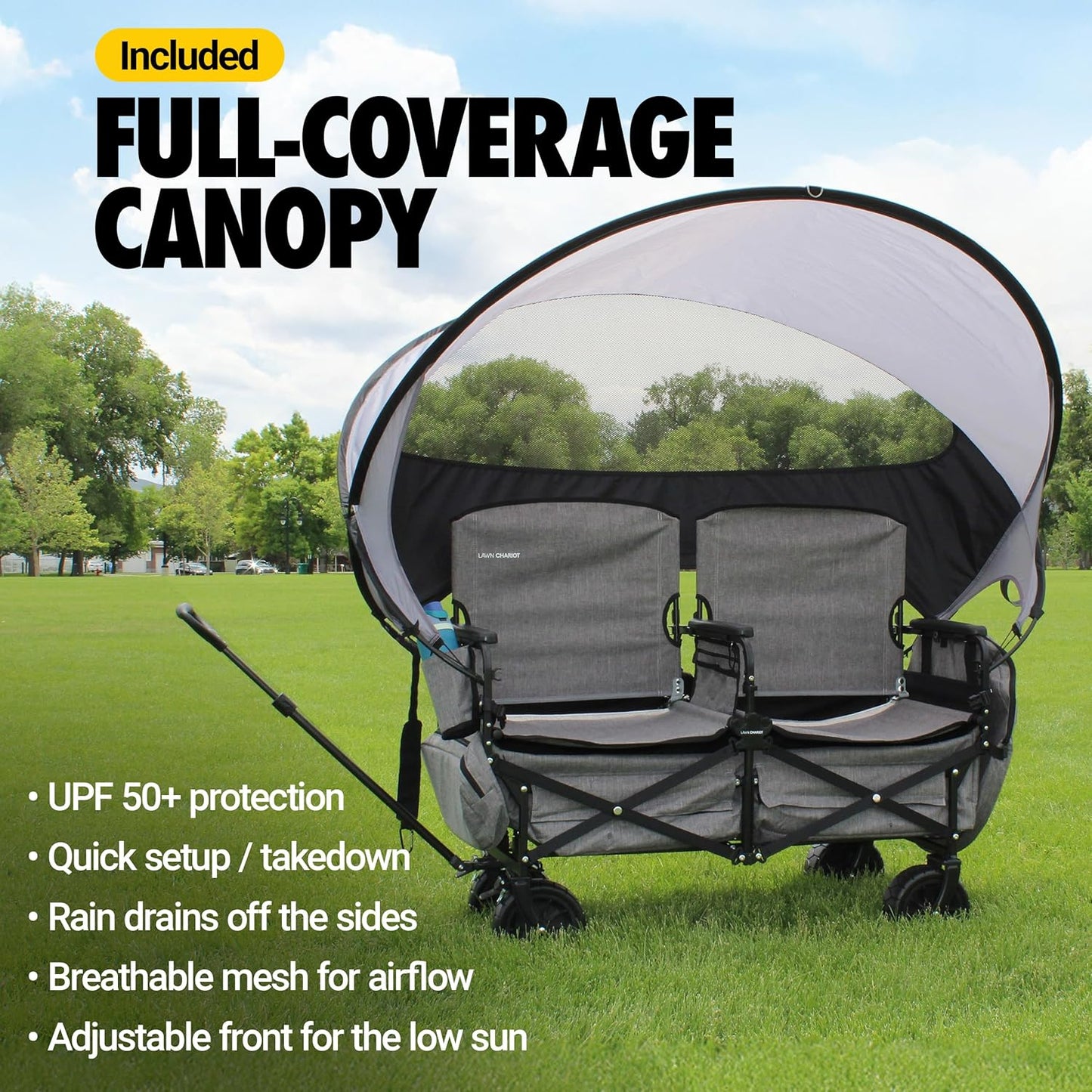 💥 Clearance Sale 💥 Folding Lawn Wagon 🚙✨ 2 Seats, UPF 50+ Canopy & All-Terrain Wheels 🌿