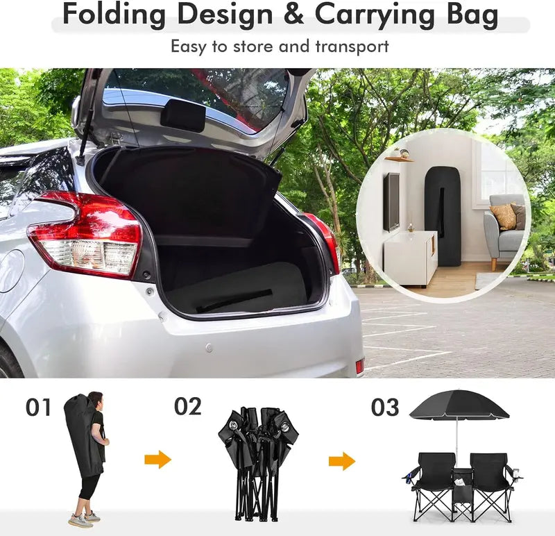 💥Clearance Sale 🪑 Double Camping Chairs ⛱️ w/ Umbrella & Cooler Bag 🧃 Outdoor Folding Set