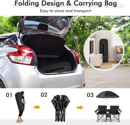 💥Clearance Sale 🪑 Double Camping Chairs ⛱️ w/ Umbrella & Cooler Bag 🧃 Outdoor Folding Set