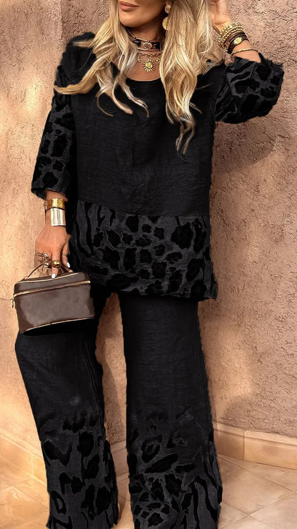 🤩🤩Women's Round Neck Leopard Print Cotton and Linen Casual Suit