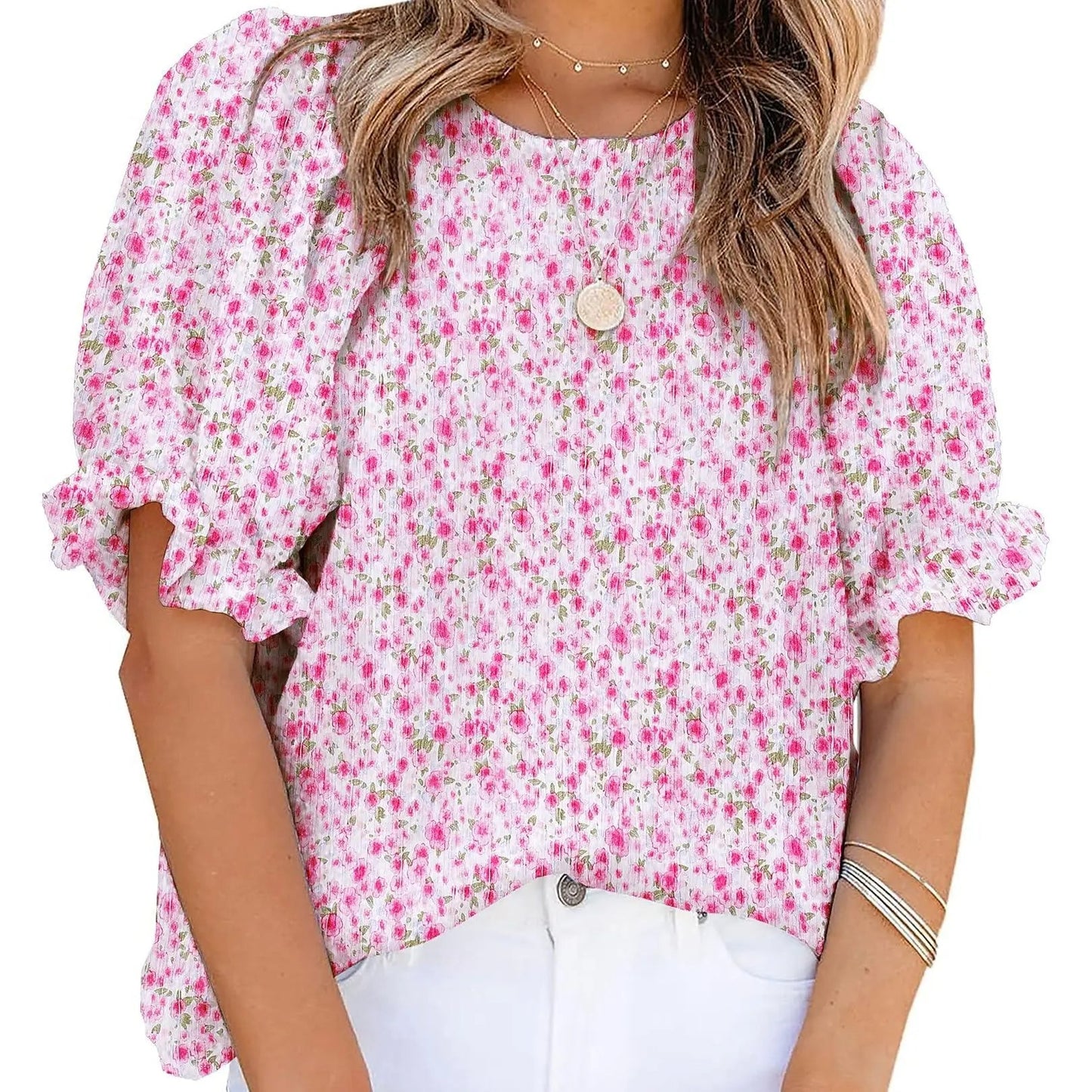 🤩🤩Women's Crewneck Smocked Puff Sleeve Floral Print Blouse