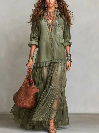 📦📦Mother's Day Sale 49% Off ⏰Women's Retro Lapel Denim Organza Patchwork Art Casual Maxi Dress