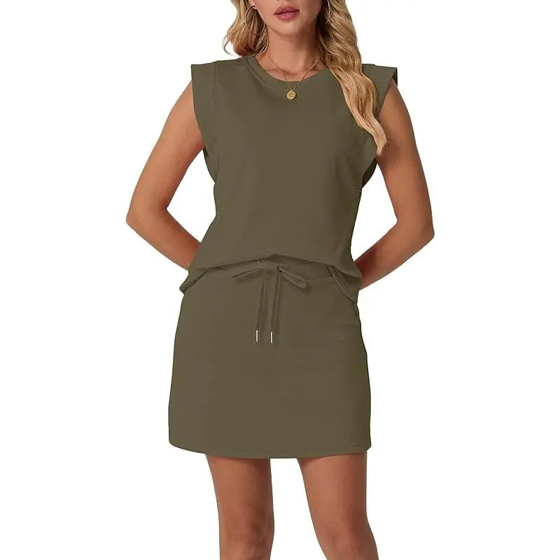 🤩🤩Women's Summer 2 Piece Skort Set Cap Sleeve Round Neck Top
