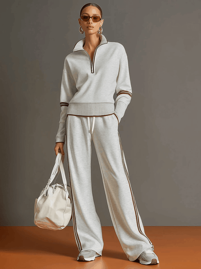 🤩🤩Retro Sporty Webbing Grey-white Half-zip Sweatshirt And Wide-leg Pants Set