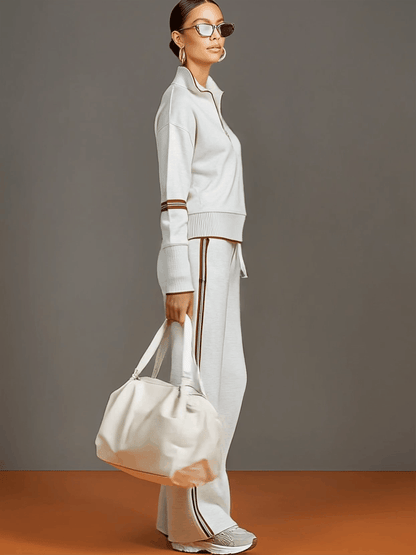 🤩🤩Retro Sporty Webbing Grey-white Half-zip Sweatshirt And Wide-leg Pants Set