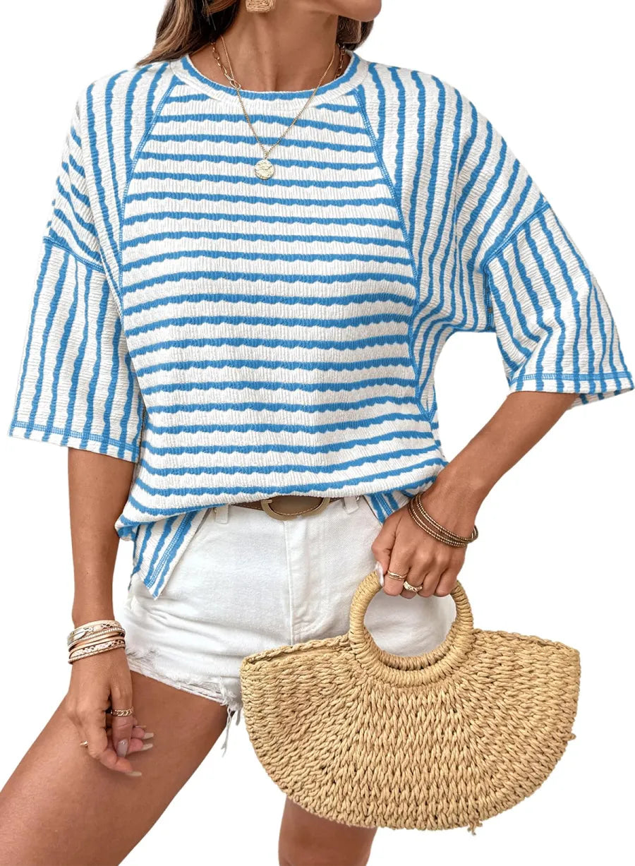 🤩🤩Women Stripe Textured Knit Split Hem Top