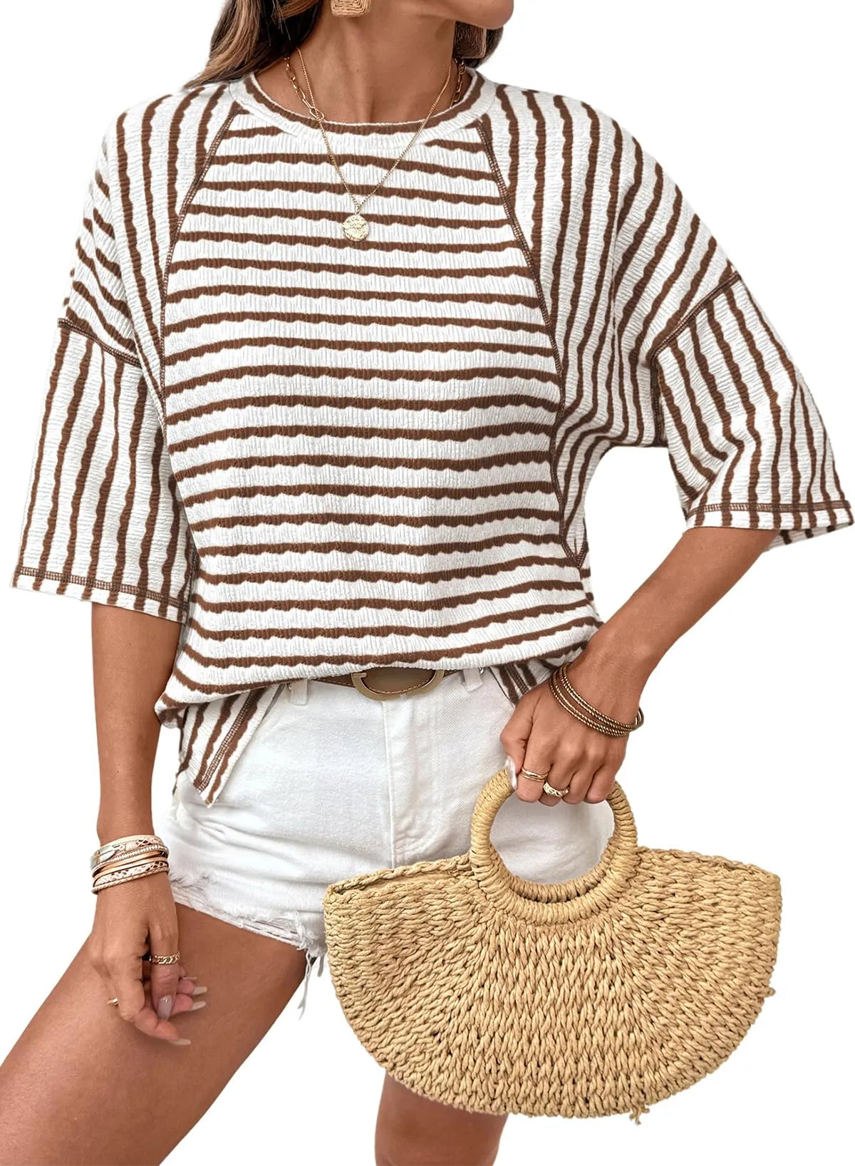 🤩🤩Women Stripe Textured Knit Split Hem Top