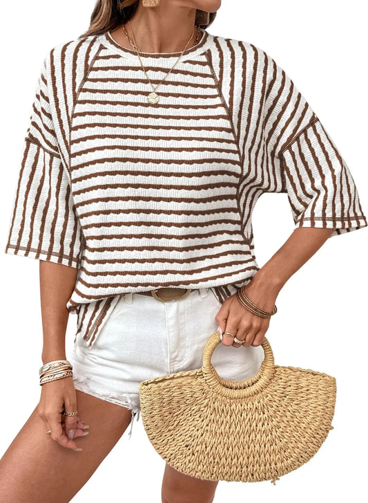 🤩🤩Women Stripe Textured Knit Split Hem Top