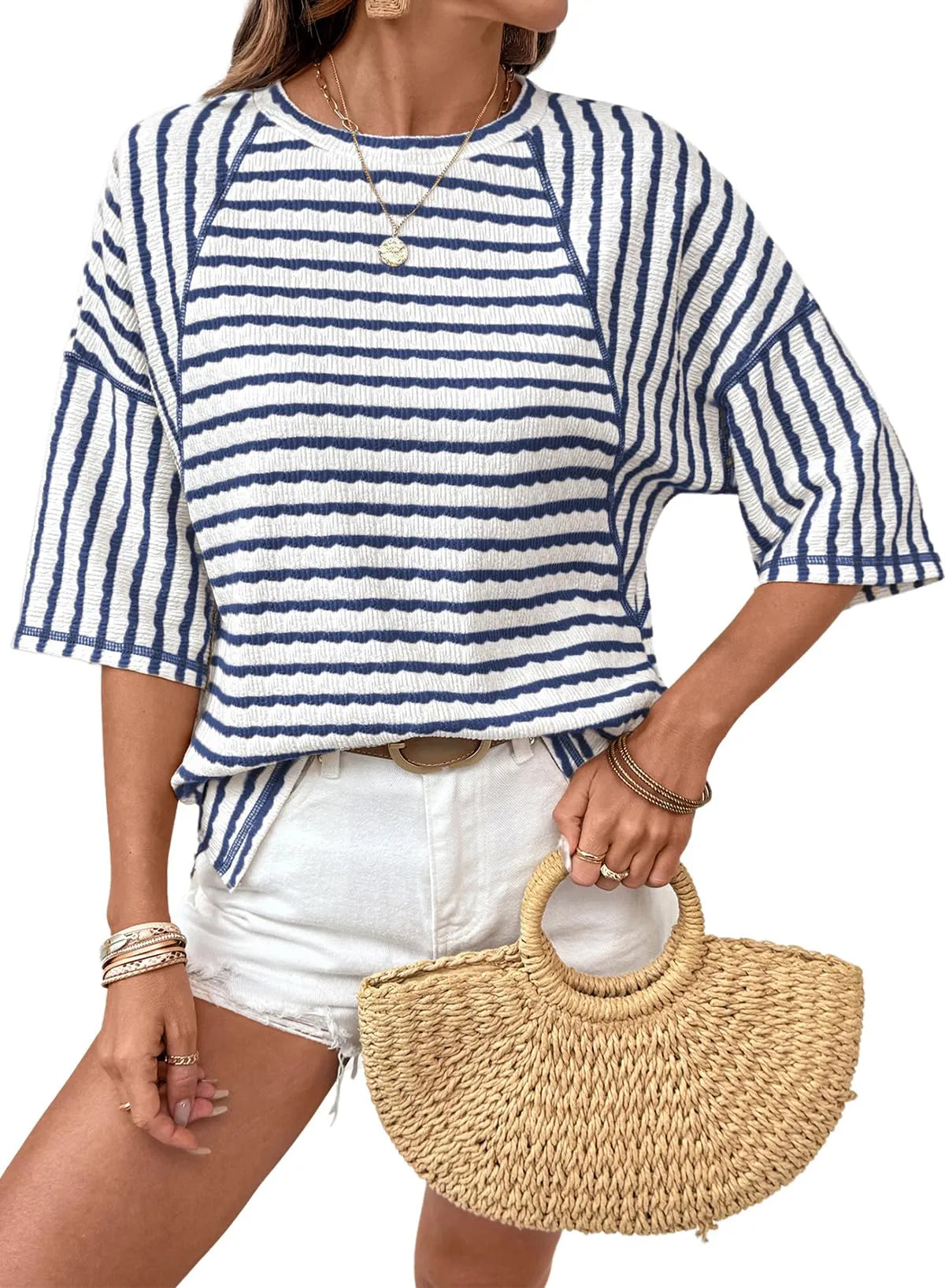 🤩🤩Women Stripe Textured Knit Split Hem Top