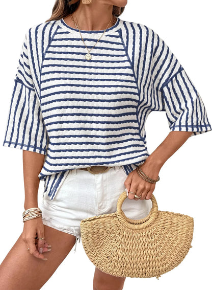 🤩🤩Women Stripe Textured Knit Split Hem Top