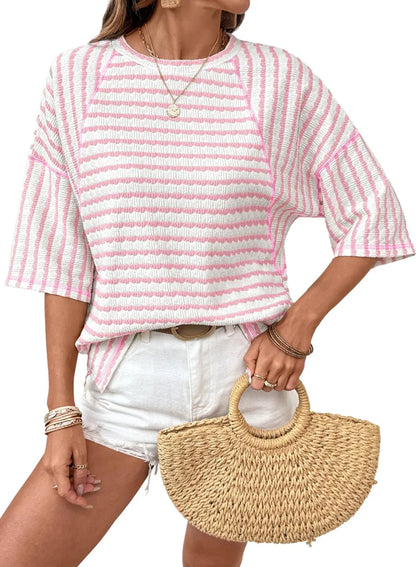 🤩🤩Women Stripe Textured Knit Split Hem Top
