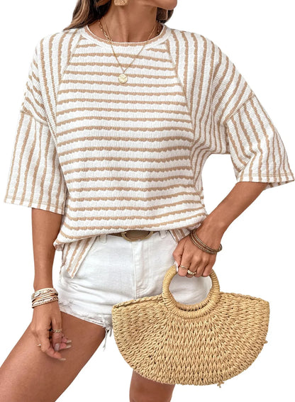 🤩🤩Women Stripe Textured Knit Split Hem Top