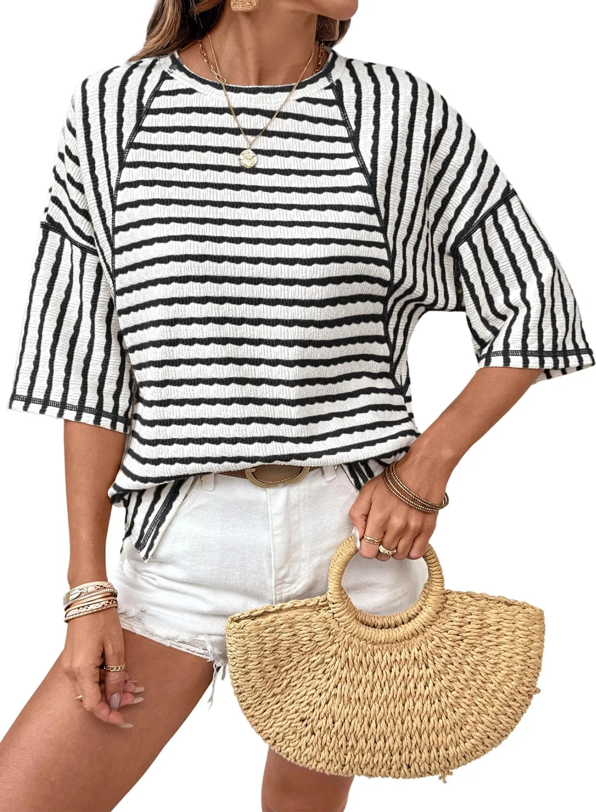 🤩🤩Women Stripe Textured Knit Split Hem Top