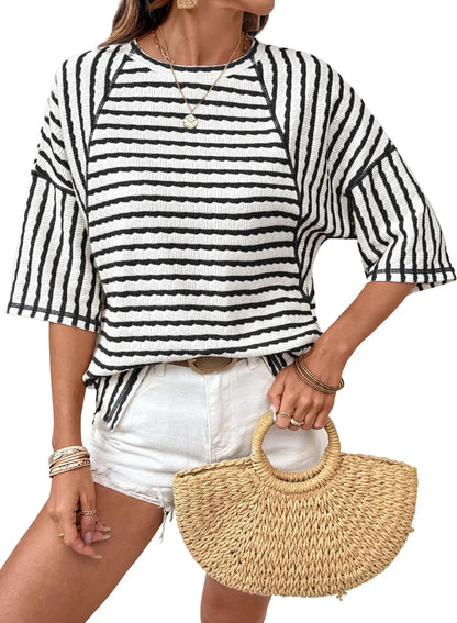 🤩🤩Women Stripe Textured Knit Split Hem Top