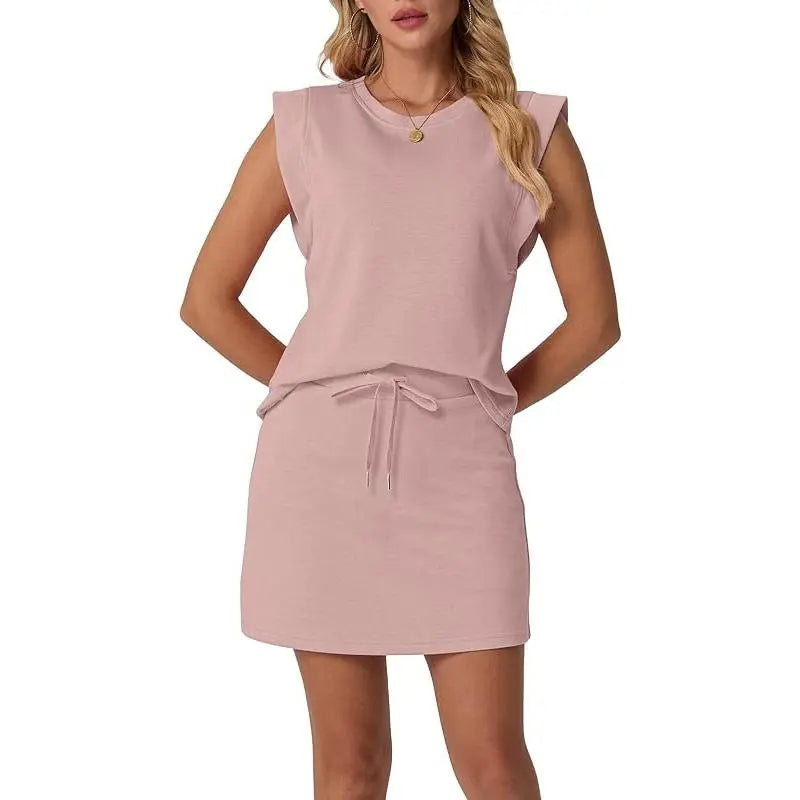 🤩🤩Women's Summer 2 Piece Skort Set Cap Sleeve Round Neck Top