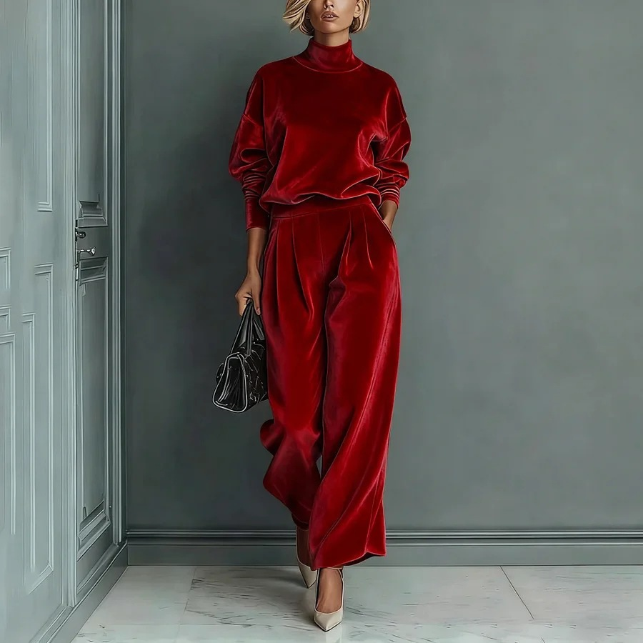 🤩🤩Stylish Velvet Turtleneck Long-sleeved Top and Casual Pocket Wide-leg Pants Set