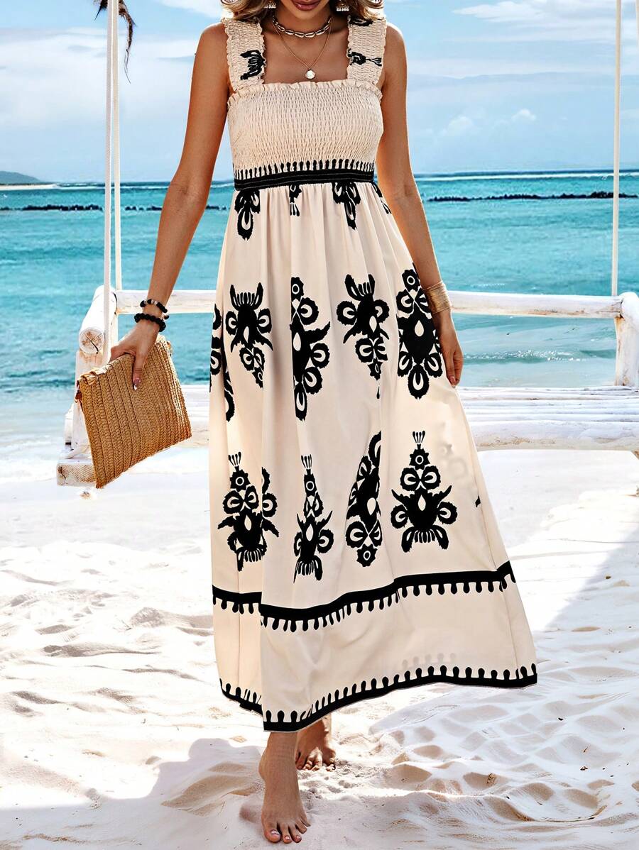 🤩🤩Womens Casual Sleeveless Square Neck Floral Aline Smocked Dresses with Pockets