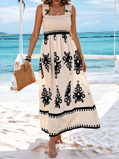 🤩🤩Womens Casual Sleeveless Square Neck Floral Aline Smocked Dresses with Pockets