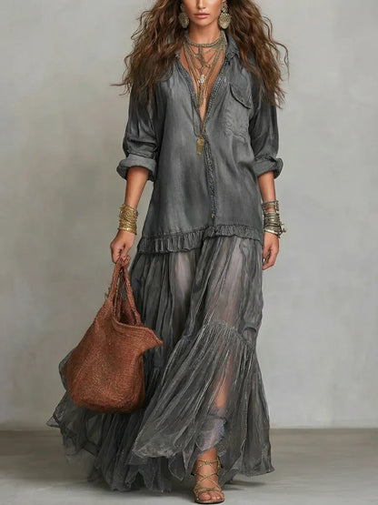 📦📦Mother's Day Sale 49% Off ⏰Women's Retro Lapel Denim Organza Patchwork Art Casual Maxi Dress