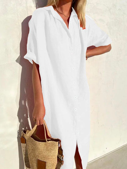 🤩🤩Women Elegant Casual Loose Half Sleeve Button Down Front Half Sleeve Cotton Linen Dress