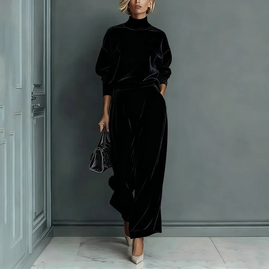 🤩🤩Stylish Velvet Turtleneck Long-sleeved Top and Casual Pocket Wide-leg Pants Set