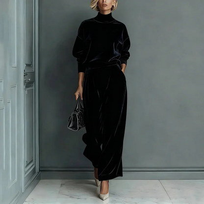 🤩🤩Stylish Velvet Turtleneck Long-sleeved Top and Casual Pocket Wide-leg Pants Set