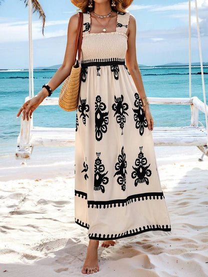 🤩🤩Womens Casual Sleeveless Square Neck Floral Aline Smocked Dresses with Pockets