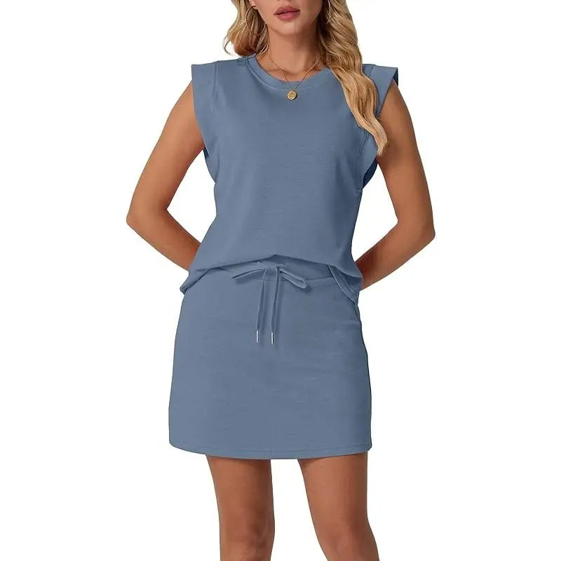 🤩🤩Women's Summer 2 Piece Skort Set Cap Sleeve Round Neck Top