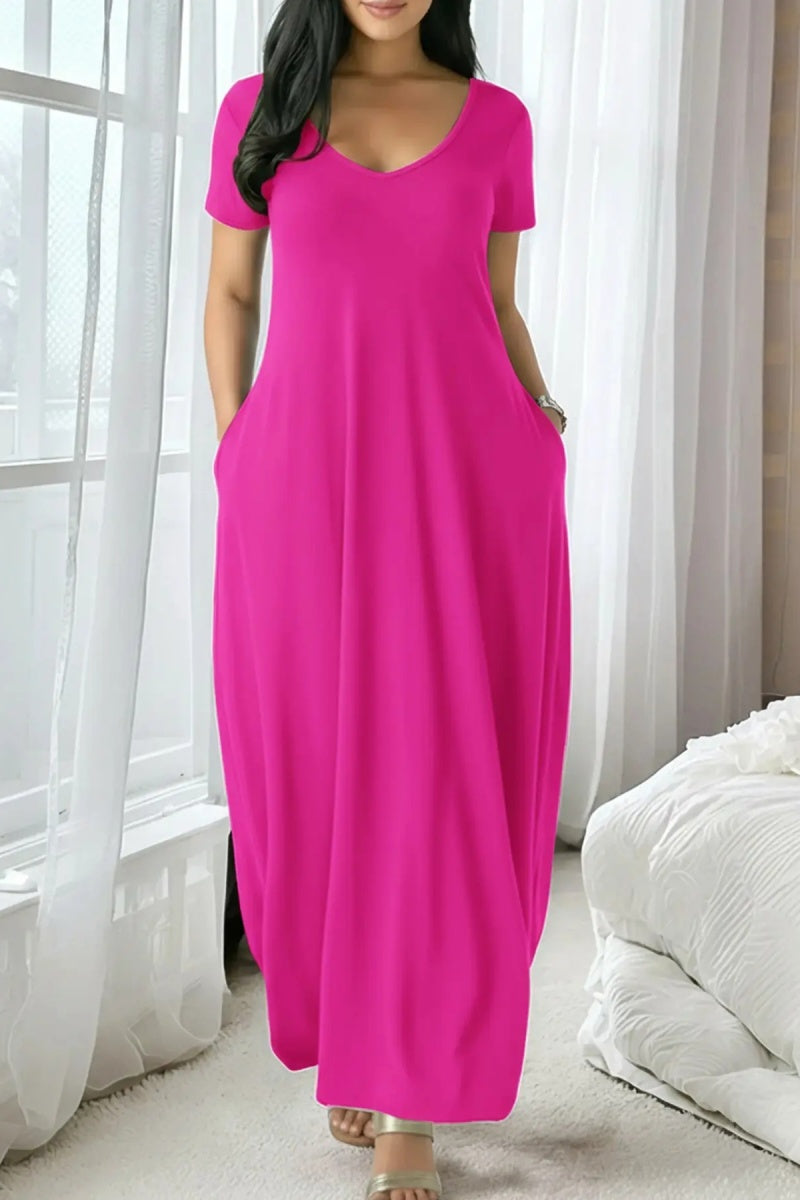 🤩🤩Women's Long Fitted Coffee Dress, Large Round Neck Short Sleeve Pocket Sleepwear