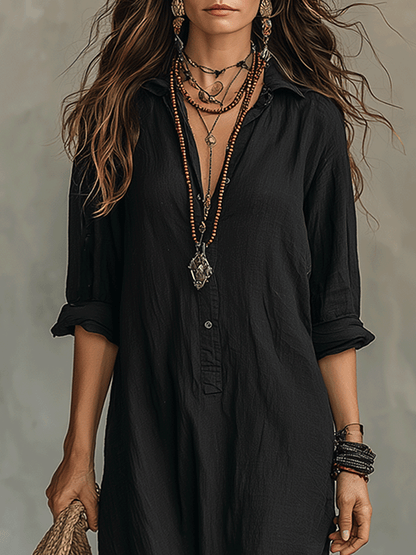 📦📦Mother's Day Sale 49% Off ⏰Black Button-Front Bohemian Shirt Maxi Dress
