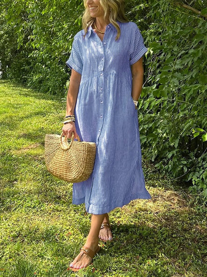 🤩🤩 Striped Lapel Button Down Shirt Dress | With Functional Pockets