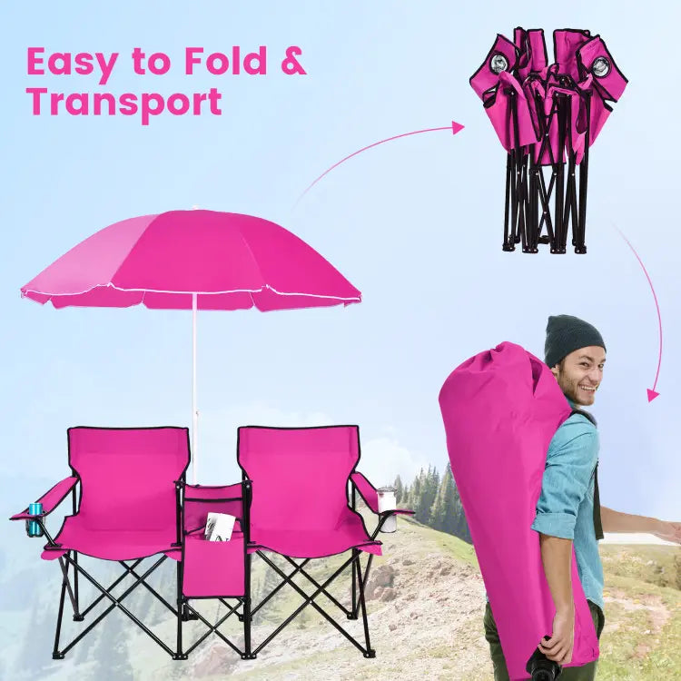 💥Clearance Sale 🪑 Double Camping Chairs ⛱️ w/ Umbrella & Cooler Bag 🧃 Outdoor Folding Set