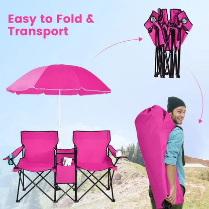 💥Clearance Sale 🪑 Double Camping Chairs ⛱️ w/ Umbrella & Cooler Bag 🧃 Outdoor Folding Set