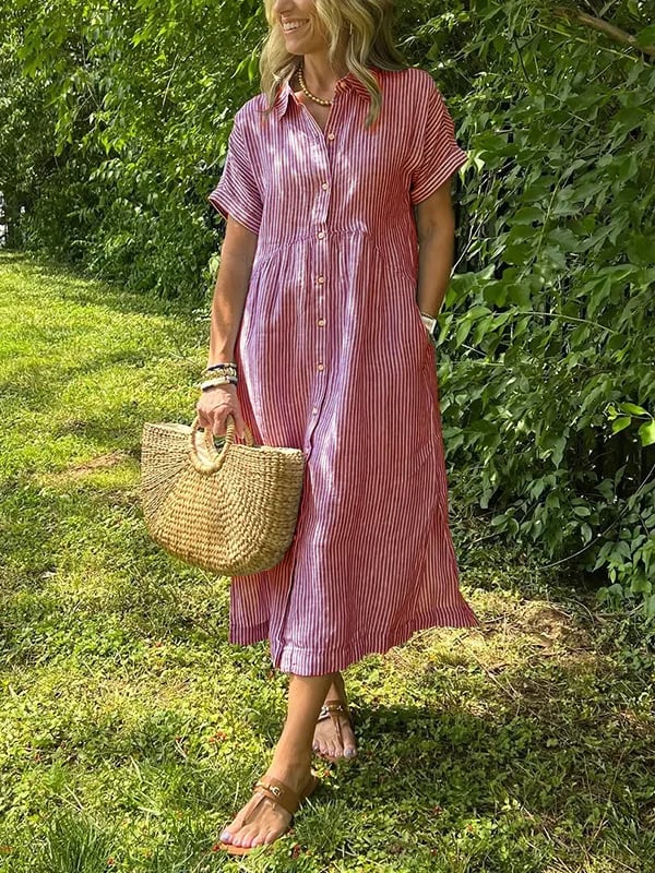 🤩🤩 Striped Lapel Button Down Shirt Dress | With Functional Pockets