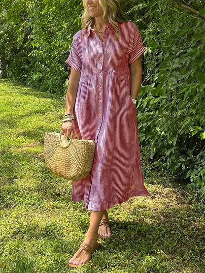 🤩🤩 Striped Lapel Button Down Shirt Dress | With Functional Pockets